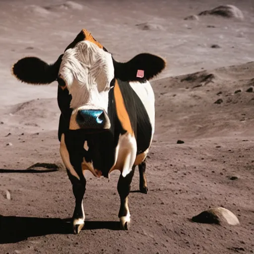 Prompt: wide angle view, colored photo of a cow on the moon, wearing gold circlet on its head, photorealistic, 8 k