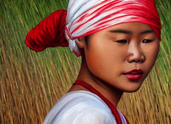 Prompt: realistic portrait photorealistic, background in the rice fields. indonesian woman in clothes made of rice straw, wearing a red and white bandana. fine art, trending on artstation, smooth draw, sharp focus, good lighting, no anomalies.