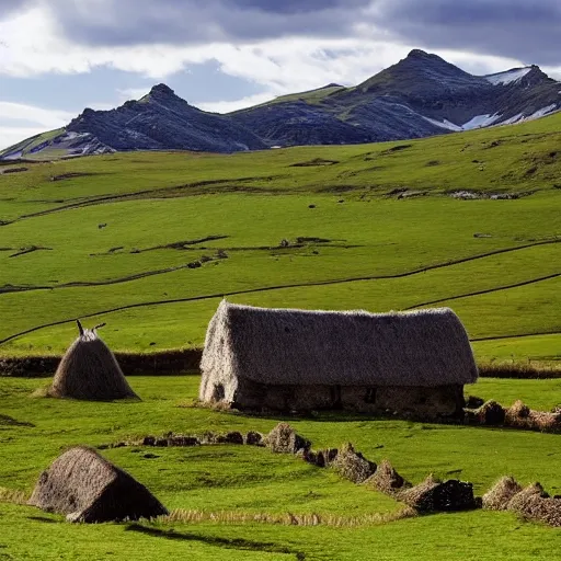 Image similar to beautiful landscape of Rohan with rural thatch roof villages scattered throughout the countryside, in the style of J.R.R Tolkien