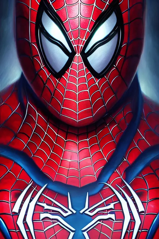 Image similar to elon musk in spider man suit, marvel character, realistic portrait, symmetrical, highly detailed, digital painting, artstation, concept art, smooth, sharp focus, illustration, cinematic lighting, art by artgerm and greg rutkowski and alphonse mucha