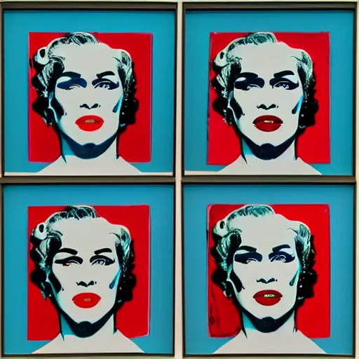 Image similar to old - style cyborg, 6 panels by andy warhol, with highly contrasted colors and an illuminating background