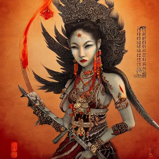 Prompt: Apsaras warrior with weapons ,traditional Chinese textures, hyper detailed, smooth,by Brook Shaden