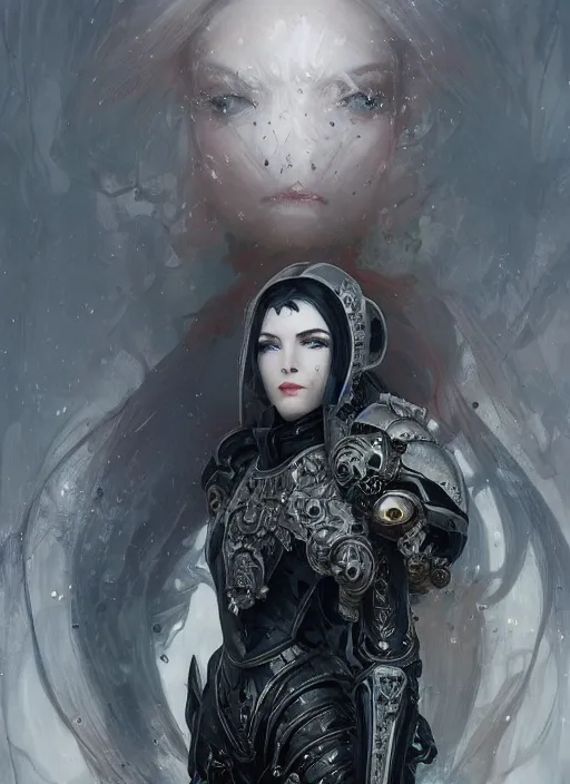 Image similar to portrait of beautiful pale gothic sister of battle, white hairs, warhammer 4 0 0 0 0, cyberpunk, intricate, elegant, highly detailed, digital painting, artstation, concept art, smooth, sharp focus, illustration, art by nikolai fechine and artgerm and greg rutkowski and alphonse mucha and gustav klimt