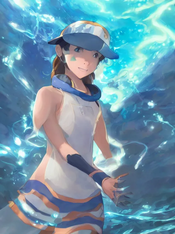 Image similar to a ultradetailed beautiful portrait of a water - type pokemon trainer preparing to battle, dynamic lighting, cinematic lighting, etheric, oil panting, high resolution, 4 k, by ken sugirmori, makoto shinkai and artgerm