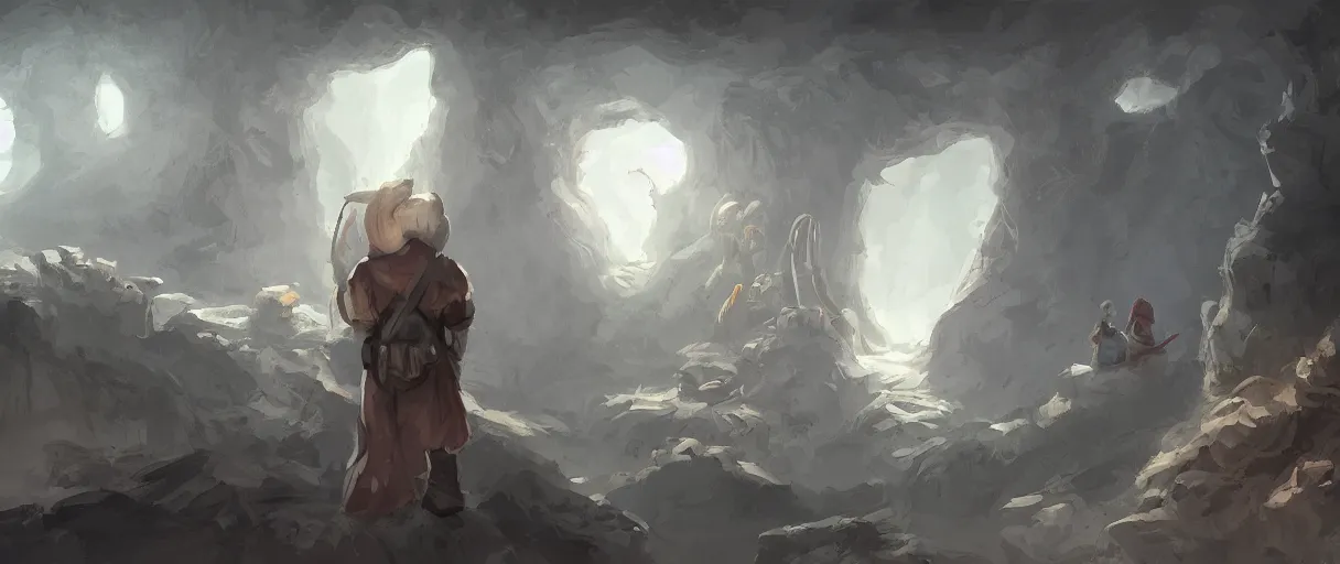 Image similar to among us characters in a cave, digital painting, concept art