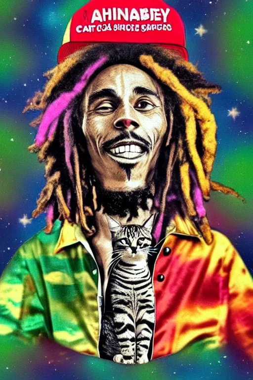 Image similar to A cat with the fashion sense Of Bob Marley floating in space with cannabis