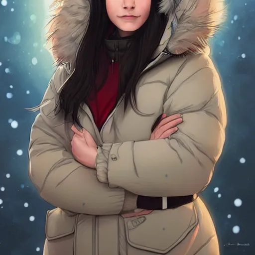 Image similar to portrait of emma an inuit in her 3 0 s with dark hair and chubby cheeks dressed in a winter parka, detailed face, smooth, sharp focus, graphic novel, art by artgerm and greg rutkowski and pepe larraz,