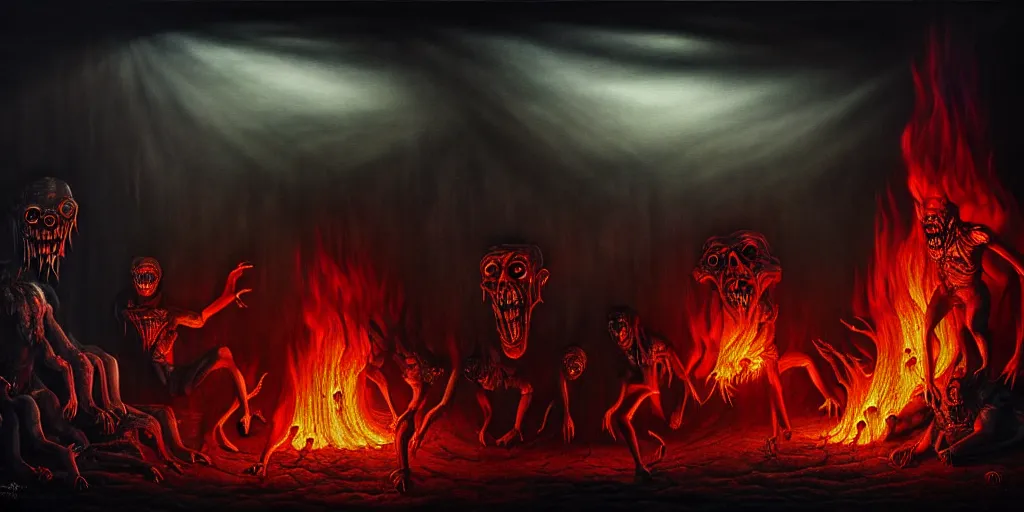 Image similar to repressed emotion creatures and monsters at the mouth of hell, dramatic lighting glow from giant fire, attempting to escape and start a revolution, in a dark surreal painting by ronny khalil