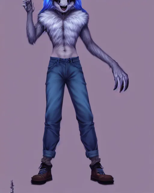 Image similar to character concept art, cute adult male anthropomorphic furry, cute fine face, darkblue werewolf, pants, pretty face, key visual, long human lightblue hair, realistic shaded furry face, fine details by stanley artgerm lau, wlop, rossdraws, james jean, andrei riabovitchev, marc simonetti, and sakimichan