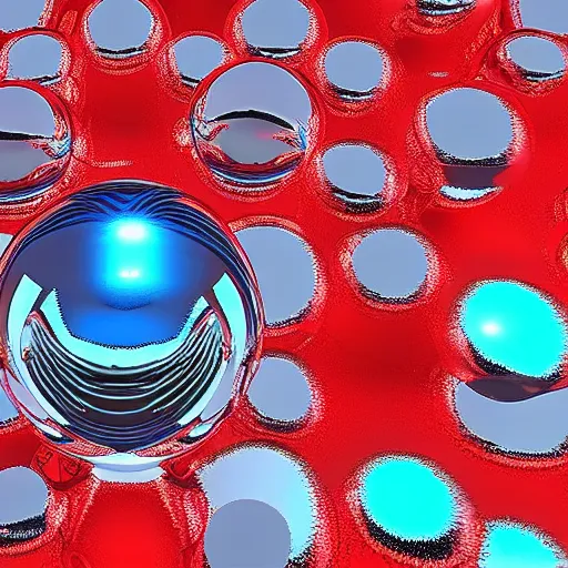 Prompt: chrome spheres on a red cube, chromatic aberration n 2