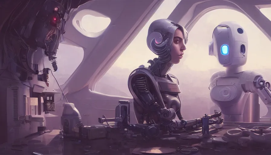 Image similar to highly detailed surreal vfx portrait of a robot android, ana de armas, madison beer, stephen bliss, unreal engine, greg rutkowski, loish, rhads, beeple, makoto shinkai and lois van baarle, ilya kuvshinov, rossdraws, tom bagshaw, global illumination, detailed and intricate environment