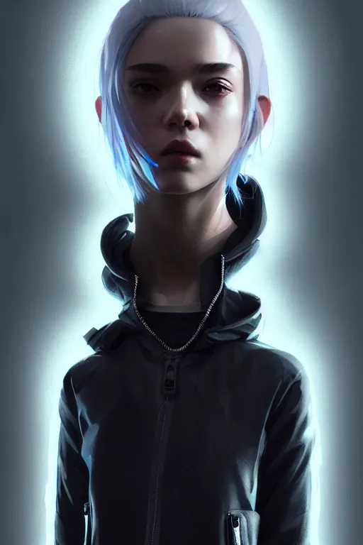 Image similar to very cool girl grey hair girl wearing streetwear, techwear, cyberpunk style outfit, full body portrait, atmospheric lighting, detailed portrait, volumetric cinematic lighting, intricate complexity, by greg rutkowski, cushart krentz, artgerm, ross tran, conrad roset, takato yomamoto, ilya kuvshinov. 4 k, portrait lighting