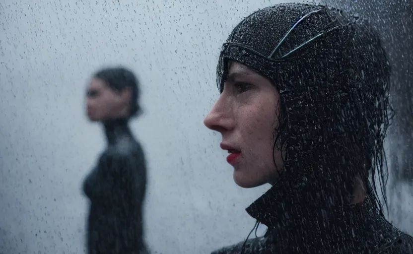 Image similar to cinestill 5 0 d candid photographic portrait by christopher nolan of two loving female androids wearing rugged black mesh techwear in treacherous waters, extreme closeup, modern cyberpunk moody emotional cinematic, pouring rain, 8 k, hd, high resolution, 3 5 mm, f / 3 2, ultra realistic faces, ex machina