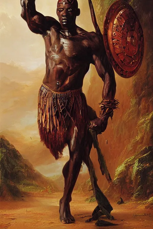Image similar to a powerful and muscular male african warrior, tribal armour, realistic oil painting by Thomas Cole and Wayne Barlowe