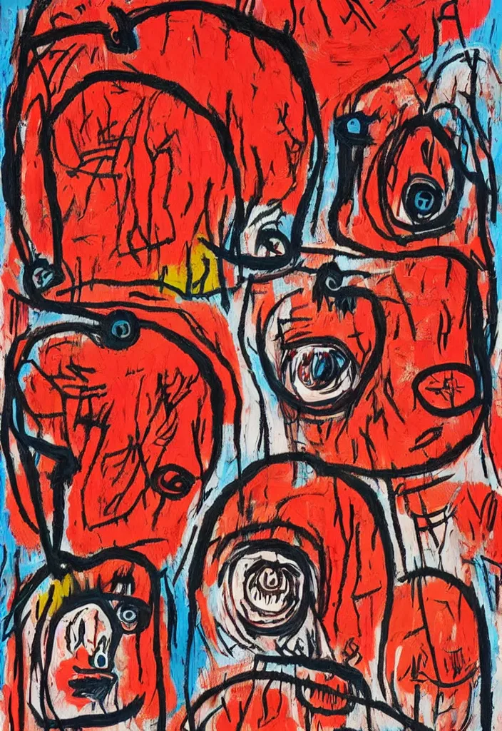 Prompt: tomatoes eyes in the style of jean michel basquiat, beksisnski, and pablo picasso