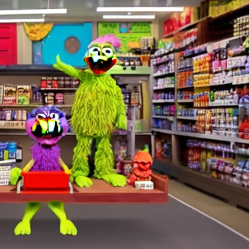 Prompt: Sesame Street Muppets rob a convenience store on the main street