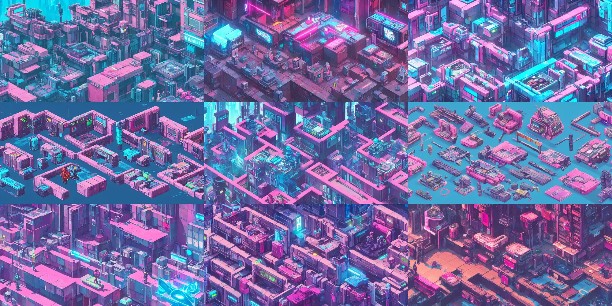 Prompt: game asset of modular cyberpunk city furniture and decoration, in gouache detailed paintings, props, stylized, 2 d sprites, kitbash, arcane, overwatch, blue and pink color scheme, 8 k, close up