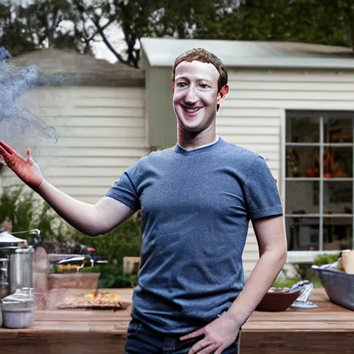Prompt: mark zuckerberg being unreasonably enthusiastic about smoking some brisket and some ribs in his back yard, 4 k, hyper realistic photo