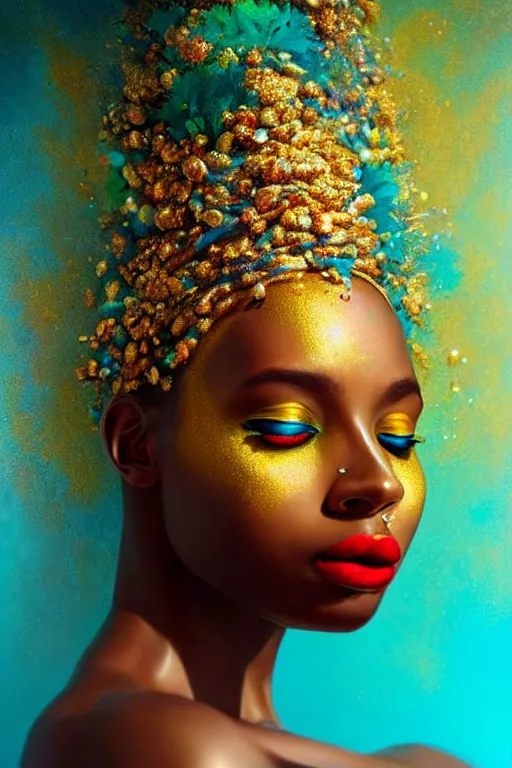 Prompt: hyperrealistic post - symbolist cinematic very beautiful! oshun goddess with white eyes, yoruba body paint, dripping droplet lips, gold flowers, highly detailed digital art masterpiece, smooth etienne sandorfi eric zener dramatic pearlescent soft teal light, ground angle uhd 8 k, sharp focus