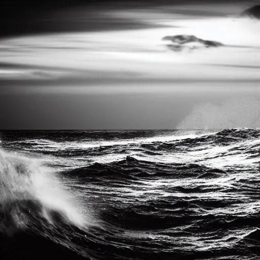 Prompt: sharp and detailed photograph of raging and spraying large translucent waves at sea at night