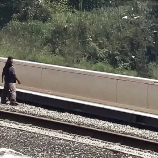 Image similar to man stops train and throws rocks to cars in the highway