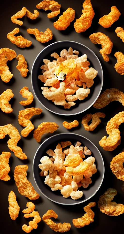 Image similar to eye level landscape Professional arrangement of breadcrumbs in a bowl on a table, surrounded by pork rinds, hyper realistic, ultra detailed, cinematic, dynamic lighting, photorealistic, refined, intricate, digital art, digital painting, masterpiece, 8k