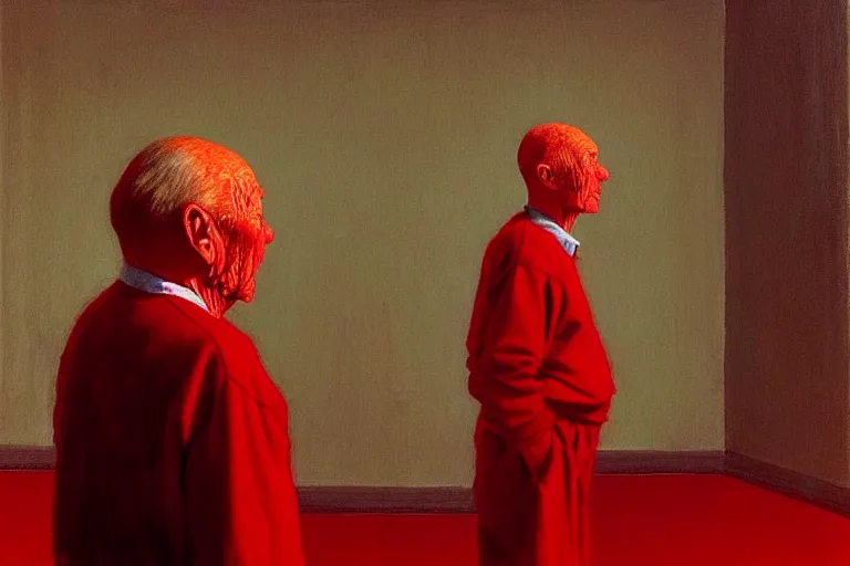 Image similar to only with red, a red old man try to sell a portrait, cheering crowd, in the style of beksinski, parts by edward hopper, parts by rodcenko, parts by yue minjun, intricate and epic composition, red by caravaggio, insanely quality, highly detailed, masterpiece, red light, artstation, 4 k