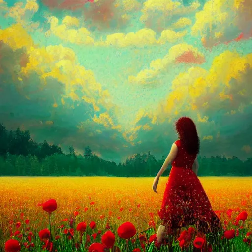Image similar to giant red flower afro, full body, girl walking in the middle of a field with flowers, surreal photography, hills, sunrise dramatic light, impressionist painting, colorful clouds, digital painting, pointillism, artstation, simon stalenhag