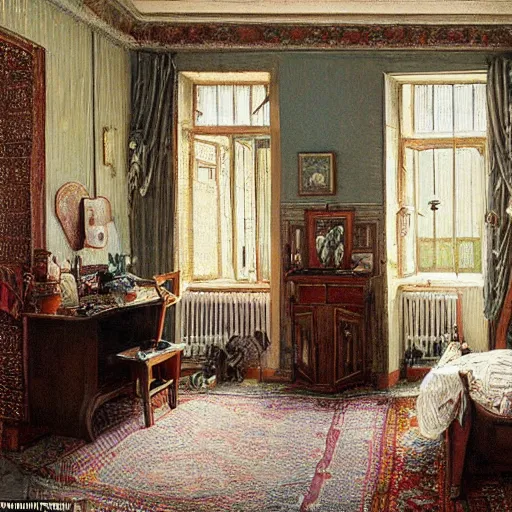 Prompt: very detailed interior of a building, bedroom of an artist in the style of Thomas Symington Halliday (1902–1998), Scottish painter and sculptor