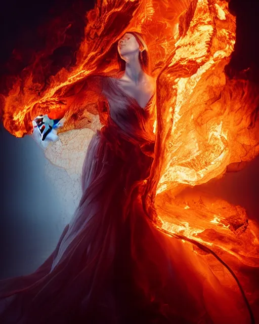 Image similar to woman wearing burning dress engulfed in large glowing flames, Alexander McQueen, Elden Ring, billowing smoke, fashion photoshoot, raymond swanland, artgerm,