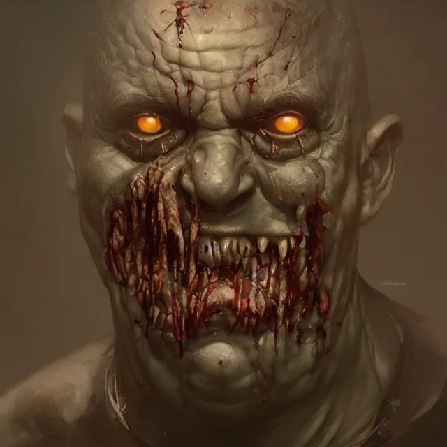 Image similar to hyper realistic photo portrait fat zombie cinematic, greg rutkowski, james gurney, mignola, craig mullins, brom redshift, vray, octane