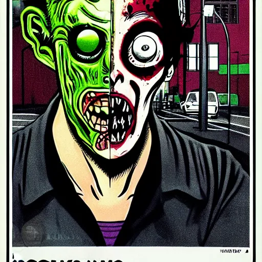 Prompt: glossy old advertising poster of a man turning into a zombie, busy street corner, horror, drawn comic by junji ito, pastels, gradient,
