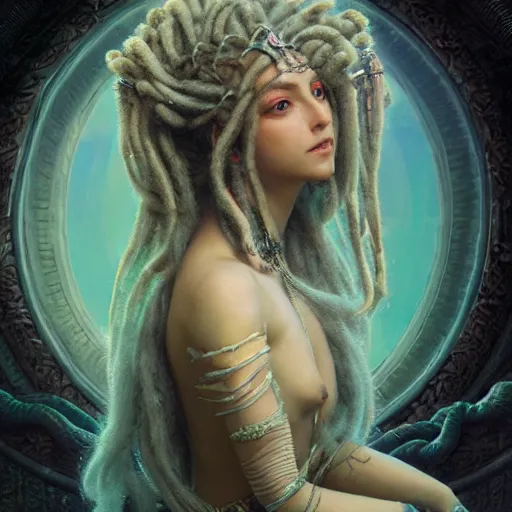 Image similar to unreal engine, octane render, 8 k techno mystic goddess princess intergalactica, goddess inanna, ashteroth, with aqua neon rapunzel dreadlocks, mami wata, detailed, by gaston bussiere, bayard wu, greg rutkowski, h. r. giger, greg rutkowski, masterpiece, sharp focus,