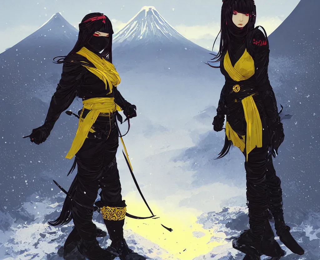 Image similar to portrait ninja gaiden girl, black plus little yellow ninja wardrobe, at snowy fuji mountain sunrise, ssci - fi and fantasy, intricate and very very beautiful, detailed, digital painting, artstation, concept art, smooth and sharp focus, illustration, art by tian zi and wlop and alphonse mucha