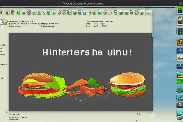 Image similar to hamburger themed gnu / linux desktop environment, linux mint, in 1 9 9 5, y 2 k, desktop screenshot