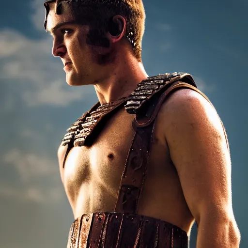 Prompt: a gladiator in a cinematic closeup. at roman arena. canon eos c 3 0 0, ƒ 1. 8, 3 5 mm. 8 k. medium - format print. inspired by roger deakins cinematography, photorealistic