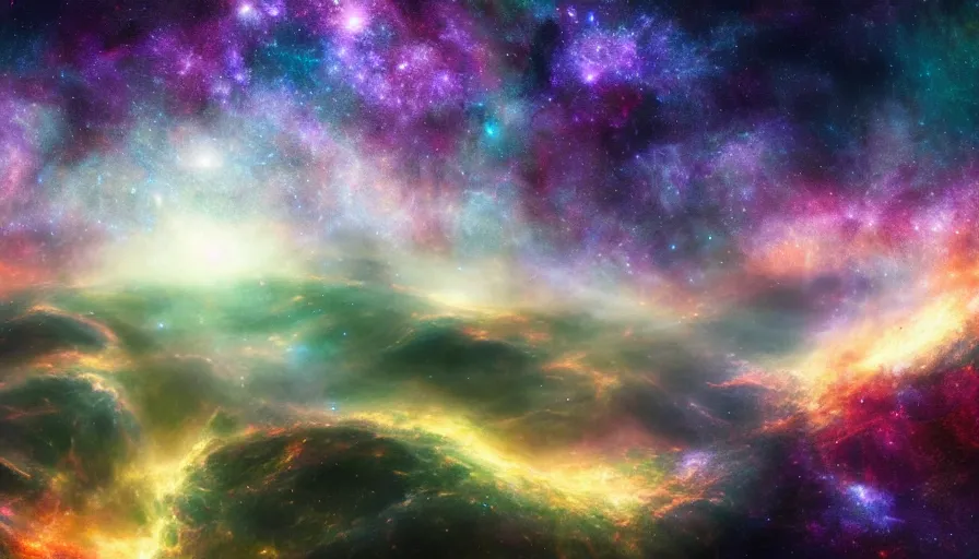 Prompt: heaven interpreted as a field made of galaxies and nebulas in deep space, sci - fi, space art, fantasy, imaginary landscape, surreal, cinematic shot, volumetric light, dreamlike, cinematic shot, hdr, 4 k ultra hd