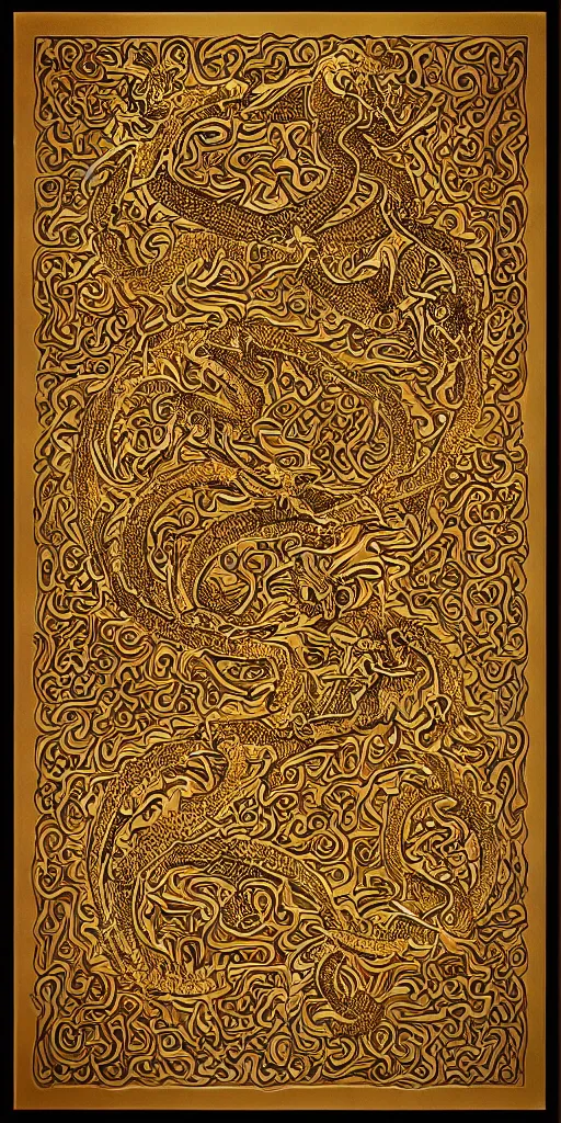 Prompt: golden paper + an intricate dragon depiction + symmetry + elaborate red illustration