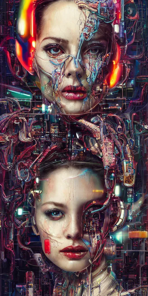 Prompt: portrait of computer & circuits, melting, playboy model, 8 k, by tristan eaton, stanley artgermm, tom bagshaw, greg rutkowski, carne griffiths, ayami kojima, beksinski, giger, trending on deviantart, face enhance, hyper detailed, minimalist, cybernetic, android, blade runner, full of colour, super detailed