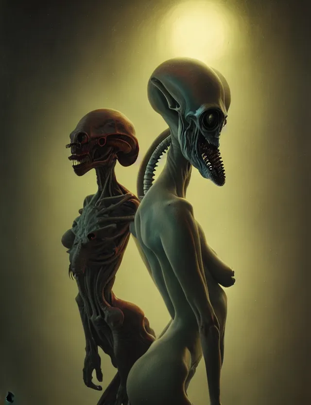 Prompt: ultra realist muted colors horror painting of a dimly lit attractive alien female next to a hellish creature, very intricate details, focus, model pose, full frame image, high contrast, artwork by tooth wu and wlop and beeple and greg rutkowski, award winning