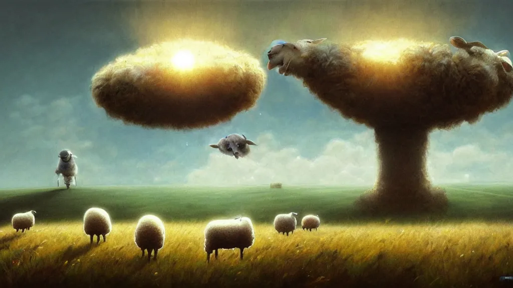 Prompt: sheep in a field being abducted by a ufo!, pastel cartoon, horror! highly detailed, digital painting, artstation, concept art, smooth, sharp focus, illustration, art by simon bisley and greg rutkowski and alphonse mucha