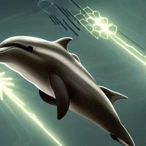 Image similar to dolphins shooting lasers, fantasy, detailed, high quality, artstation