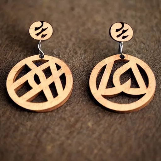 Image similar to 2 d wood lasercut earrings, mystical symbols, 8 k, hd, trending on amazon on artstation, trending on deviantart, trending on etsy, epic digital art