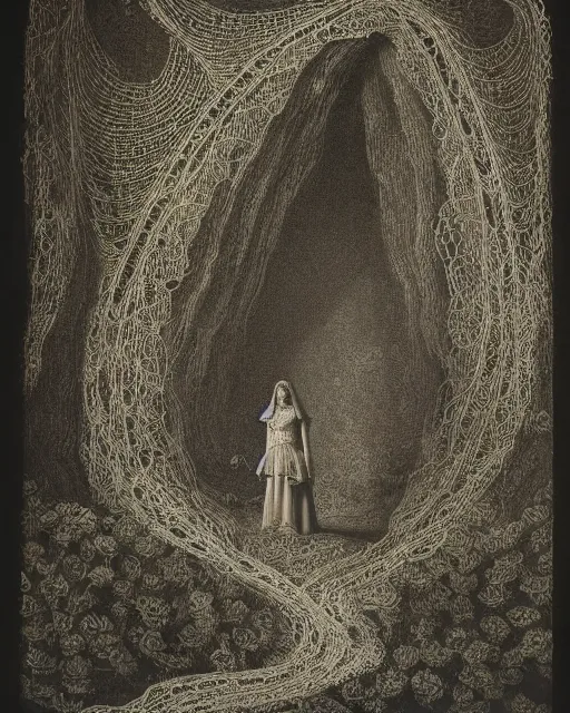 Image similar to a woman standing at the mouth of a cave, made of intricate decorative lace leaf skeleton, in the style of the dutch masters and gregory crewdson, dark and moody