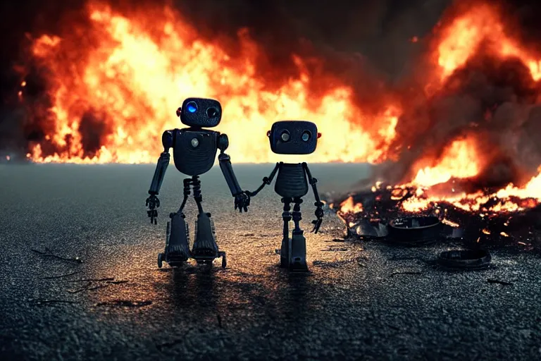 Image similar to vfx film closeup, dead robot couple on the ground holding hands, city street tire tracks fire. flat color profile low - key lighting award winning photography arri alexa cinematography, hyper real photorealistic cinematic atmospheric cool colorgrade