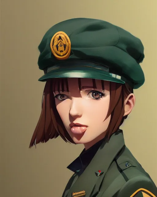 Image similar to young woman with shoulder length light brown hair and hazel eyes dressed in a sharp dark teal military uniform and beret, anime, ilya kuvshinov, greg rutkowski, guweiz, ross tran, loish, svetlana tigai, artgerm, artstation trending, concept art, digital painting