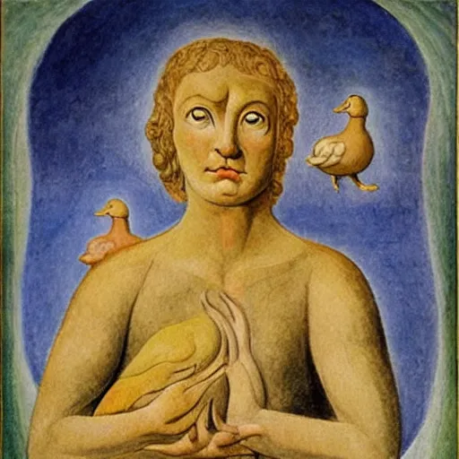 Prompt: biblical angel holding a duck, terrifying, by jean deville, by william blake, oil on canvas