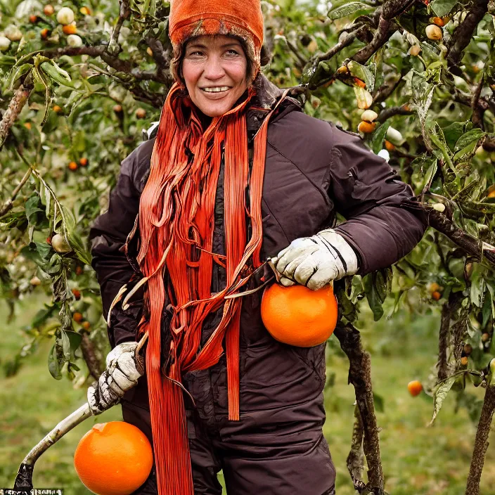 Prompt: a closeup portrait of a woman wearing a ski suit made of rusted nails and ribbons, picking oranges from a tree in an orchard, foggy, moody, photograph, by vincent desiderio, canon eos c 3 0 0, ƒ 1. 8, 3 5 mm, 8 k, medium - format print