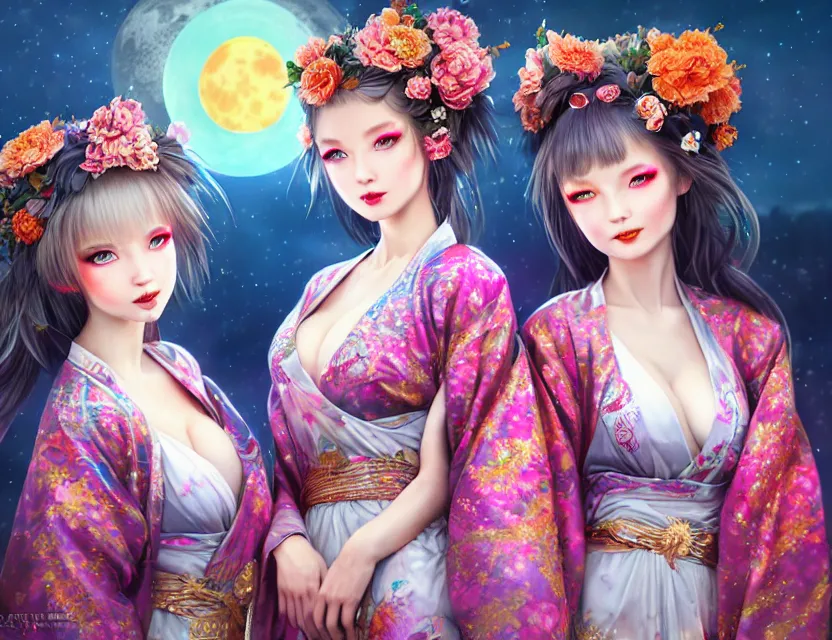 Image similar to two beautiful alluring siberian girls wear fantasy kimono in festival | | sunny night, full moon, dreamlike art, realistic shaded, smile, good looking, hyper details, 4 k realistic, cryengine, realistic shaded lighting poster by artgerm, ross tran, fuji choko, 8 k resolution, trending on artstation, luxury