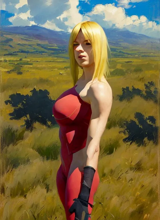 Image similar to Greg Manchess painting of Zero Suit Samus, countryside, calm, fantasy character portrait, dynamic pose, above view, sunny day, thunder clouds in the sky, artwork by Jeremy Lipkin and Giuseppe Dangelico Pino and Michael Garmash and Rob Rey, very coherent asymmetrical artwork, sharp edges, perfect face, simple form, wacky, 100mm